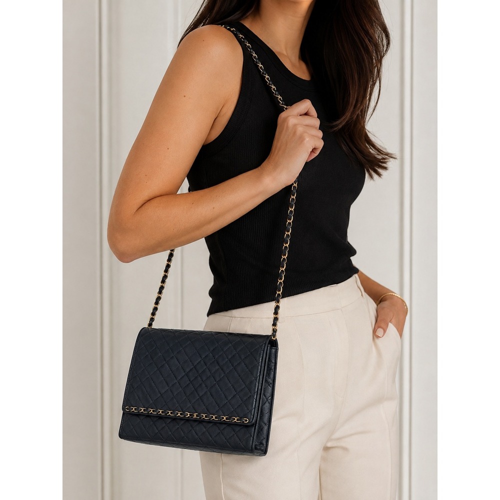 Vintage SISO Shoulder Bag Navy Blue Quilted Italian Leather Gold Chain